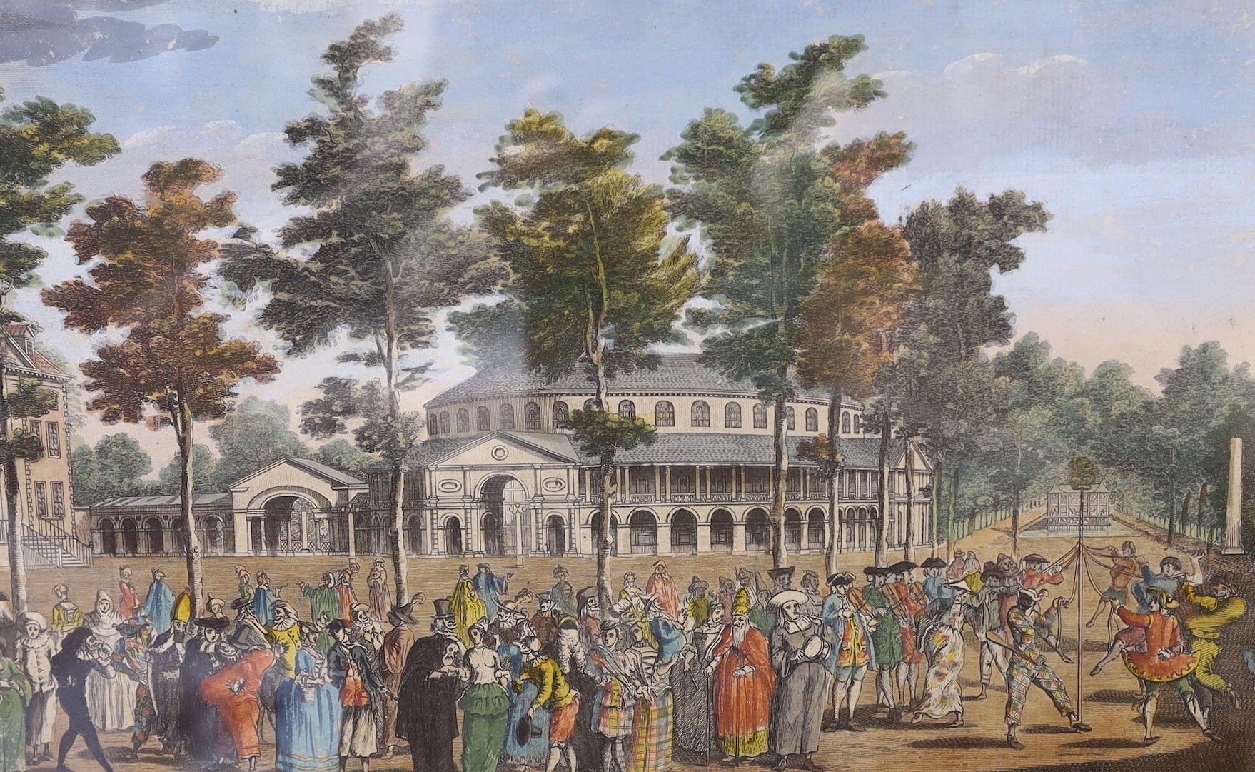 18th century English School, two coloured engravings, 'Premiere of Handels' Royal Fireworks' and 'Ranelagh Gardens', 23 x 38cm